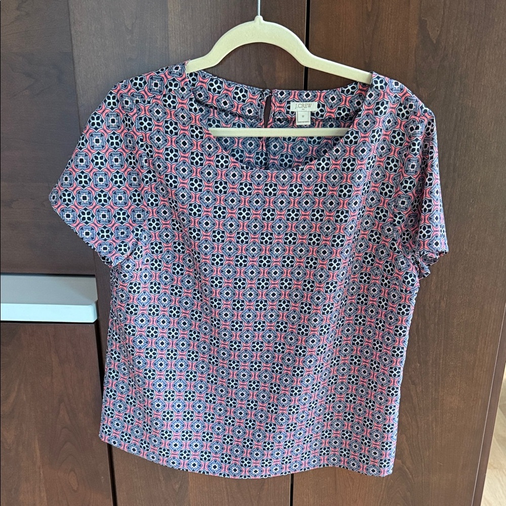 J. Crew Navy and Pink Geometric Short-Sleeve Blouse
